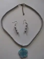 Blue Pearl NECKLACE Shell MOP Pendant + Earring Lot 2 pcs SET