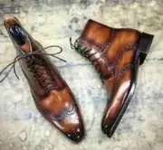 Men's Handmade Tan Patina Leather Ankle High Leather Boots Oxford Wingtip Boots