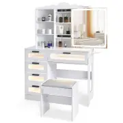 CostwayMakeup Vanity Desk with Mirror and Lights with Charging Station and 3-Color LED Lights-White