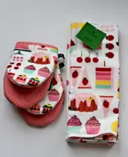 Kate Spade New York Pink Cupcakes Bakery Kitchen Towels And Mini Mitts Set NWT