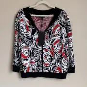 St John Cardigan Sweater Zip Up Red Black White Floral New With Tags Large