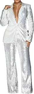 [HEYDHSDC] Women Suit Long Sleeve V-Neck Sequined 2 Pieces Sets Top and Pant Ladies Sequin Sets