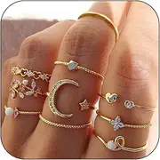 [HUASAI] Gold Stackable Rings for Women Non Tarnish Cute Rings for Teens Trendy Stuff Boho Moon Star Butterfly Rings Stacking Knuckle Finger Rings Set Jewelry Gifts