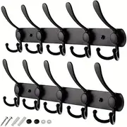 Monehet Coat Rack Wall Mounted,2 Pcs Heavy Duty Metal Coat Hook Rail,Stainless Steel Hook- 5 Tri Hooks for Coat Hat Towel Purse Robes (Black)