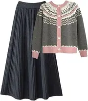 [Generic] Women Clothing Korean Sweet Vintage Patchwork Single Breasted Sweater Cardigan+Skirt 2 Pcs