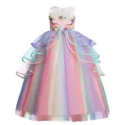 Rainbow Unicorn Girl Dresses Birthday Party Long Gown Princess Flower Costume