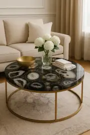 "Luxury Agate Stone Coffee Table – Round Black & Gold Center Table Top Decor"