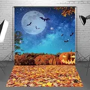 Msocio 5x7ft Polyester Halloween Backdrop Moonlight Pumpkin Fallen Leaves Photography Background for Birthday Baby Shower Trick or Treat Party Decoration Banner Photo Studio Props