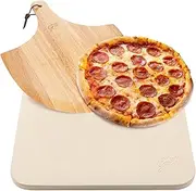 Hans Grill Pizza Stone Baking Stone for Pizzas use in Oven and Grill/BBQ Free Wooden Pizza Peel Rectangular Board 15 x 12 Inches Easy Handle Baking | Bake Grill, for Pies, Pastry Bread, Calzone