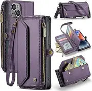 ELEPIK for iPhone 14 Plus Case, Adjustable Crossbody Wallet Case with Card Holder, Kickstand [RFID Blocking] [Crossbody & Wrist Strap] Durable PU Leather Magnetic Phone Case for iPhone 14 Plus, Purple