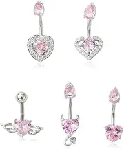 [LiQunSweet] 5 Styles 304 Stainless Steel Heart Shape Belly Button Rings Heart Teardrop Pink Cubic Zirconia Piercing Curved Barbell Belly Tongue Rings for Women