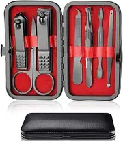 7 in 1 Manicure Pedicure Set Stainless Steel Professional Manicure Pedicure Set with Nail Scissors with Black PU Leather Case for Travel and Home Use, Red Interior