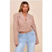Shape Mocha Button Front Cropped Adjustable Cinched Waist Blazer, Mocha
