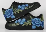 Nike Air Force 1 Low Custom Shoes Black Blue Rose Floral Mens Size 8 Womens 9.5