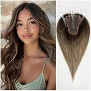 Ombre Brown Hair Toppers No Bangs Hand-Tied Real Human Hair Piece 3.5"×4" Silk Lace Base Clip in Straight Hair Pieces for Women with Thinning Hair