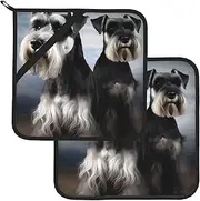 2 Pack Pot Holders for Kitchen Heat Resistant Potholders Animal Schnauzer Dog Pot Holders Set Washable Hot Pads with Loop Non Slip Potholders for Cooking Baking BBQ Microwave 8 x 8 Inch