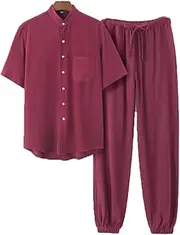 [NTWSHS] Chinese Clothing Chinese Clothing Tang Suit Men Hanfu Kung Fu Uniforms Short Sleeve and Pants, Cotton Linen Tai Chi Clothes Martial Arts Suit Breathable Zen Meditation Uniform Shirt(Red,XX-Large)