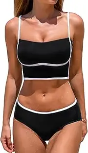 [CUPSHE] Women's Bikini Sets Square Neck Color Block Low Rise Bottom Bathing Suit Adjustable Spaghetti Straps, Black/White, Small