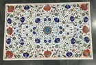 Dining Table Top Inlaid with Multicolor Gemstone White Marble Patio Sofa Table