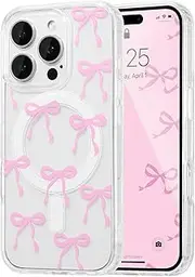 UEEBAI Magnetic for iPhone 12 Case & iPhone 12 Pro Case, Bow Case Compatible with MagSafe, Wireless Slim Clear Ribbon Phone Case Anti-Yellowing Shockproof Protective Cover for Women Girl - Pink