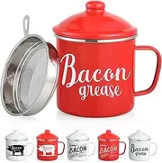 46OZ LARGE Bacon Grease Saver with Fine Mesh Strainer & Handle - Enamel Oil Keeper Container, Bacon Fat Dripping Can - Farmhouse Kitchen Gift & Decor Cooking Accessories - Red, Style 3