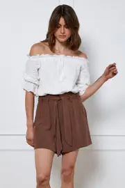 Brown Belted Shorts High Waist Linen - Size 8, Women's Hw Short