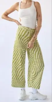 UO Olympia Scarf Pant High-Waist Relaxed Fit Retro Print M Button Zip Green P$7