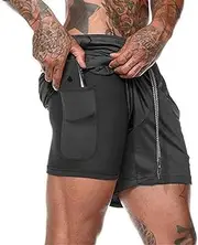 [SIMANLI] Mens Shorts Compression Shorts 2 in 1 Fitted Bodybuilding Athletic Gym Running Shorts with Built-in Pocket Liner