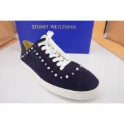 Stuart Weitzman Super Stud Blue Suede Beaded Flat Sneakers Size 9 New $350