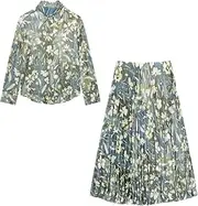 [Generic] 2024 Spring Summer Women's Ethnic Style Retro Printed Flip Collar Shirt High Waist Loose Pleated Skirt