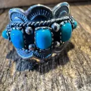 Native American Artisan Cuff Ring in Sterling Silver & Turquoise - Unique Gift B