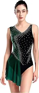 [RUNQHUI] Womens Tank Leotard Sparkle Rhinestone Color Block Unitards Mesh Patchwork Romper Flowy Skirt Green Small