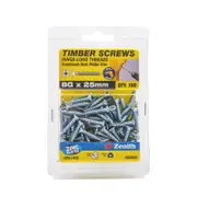 Zenith 8G x 25mm Zinc Plated Hinge-Long Thread Countersunk Head Timber Screws - 100 Pack