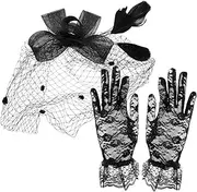 [SAFIGLE] Bowknot Fascinator Hat with Mesh Veil and Short Floral Lace Gloves Set for Weddings Tea Parties and Special Occasions Elegant Accessory Bundle