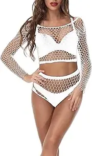 [Generic] Women's Fishnet Bodysuit Mini Dress Set Sexy Lingerie Jacquard Hollowed Out Backless mesh