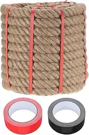 sourcing map Jute Rope 1.1 Inch x 59ft, Heavy Natural Thick Twisted Rope with 2 Roll Tapes for Crafts Railing Docks Tug of War Swing Nautical Landscaping