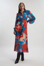 Georgette Belted Blur Print Woven Shirt Dress