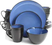 Dinnerware Set Black Stoneware Dishes Plates Bowls Mug Cup Kitchen Blue 16 Piece