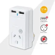 Sansai Surge protected Mains Power Point adapter with 2 USB Port charging Mobile