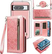 [Asuwish] Phone Case for Google Pixel 8 Pro 5G Zipper Wallet Detachable Cell Cover with Tempered Glass Screen Protector Crossbody Strap Flower Card Holder Pixel8Pro Pixel8 XL Eight 8Pro Women Rose Gold