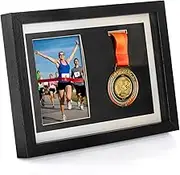 Hacaroa Medal Display Shadow Box, Single Medal and Photo Display Frame Case, Wood Marathon Medal Storage Box for Runners, All Sports Winners, Military Awards, Black