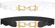 [JASGOOD] 2 Pack Thin Elastic Belts for Women, Skinny Stretch Ladies for Dresses Jeans Coats with Gold Buckle