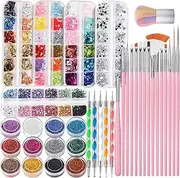FANDAMEI Nail Art Decoration Kit, Design Tools Set with Nail Art Brushes, Dotting Tools, Fine Glitter, Butterfly Heart Sequins, Foil Flakes, Nail Rhinestones, Dust Brush