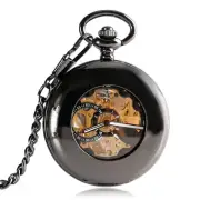 Steampunk Automatic Pocket Watch for Men Women Smooth Case Pendant Watches Black