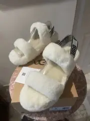 UGG Womens Fluff Yeah Slide Cali Collage Backstra White Shearling Logo Size 10