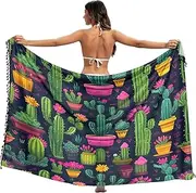 [RPLIFE] Cute Cactus Plant Green Bathing Suit Wraps Sarongs Tassel Beach Sarong Coverups for Women, Large, Cute Cactus Plant Green, Large