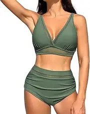 [Generic] Women's High-Waisted Bikini Set Tummy Control Swimsuit Mesh Splicing Push-Up 2 Piece Swimsuit Sexy V-Neck Shapewear Bathing Suit Slimming Swimwear
