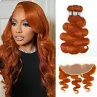 Ginger Orange Body Wave Bundles with 13x4 Lace Frontal（16 18 20+16） Human Hai...