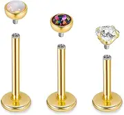 [Vegolita] 16G 18G 3PCS G23 Titanium Internally Threaded Labret Monroe Stud Lip Rings Opal CZCartilage Helix Tragus Stud Earrings Conch Stud Titanium Piercing Jewelry for Sensitive Skin 6MM 8MM 10MM