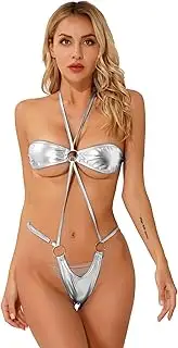 [Choomomo] One Piece Swimsuit for Women Shiny Metallic Bikini Micro Thong Bodysuit Backless Teddy Lingerie